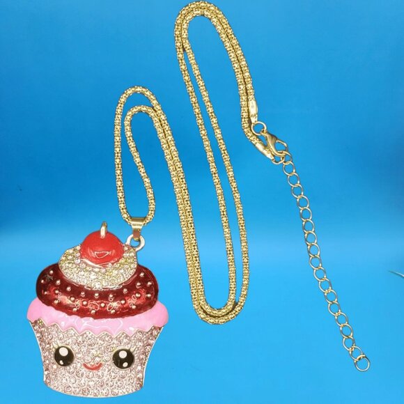 Cute Cupcake Pendant Necklace • Rhinestone Cherry Top • Gift Boxed Kawaii Jewelr - Picture 4 of 5